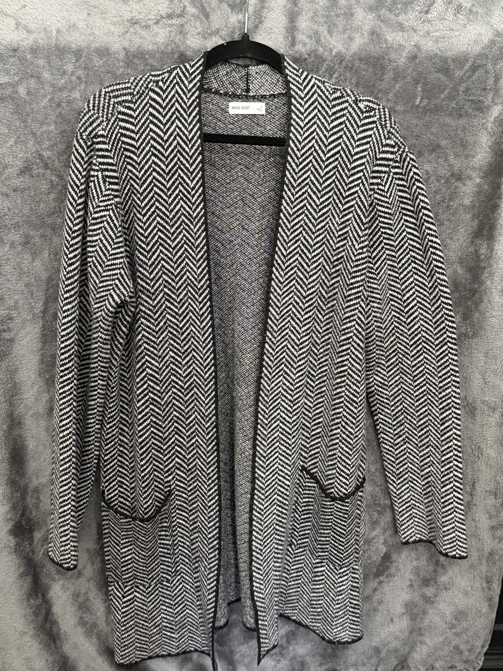 Nine West Black and White Herringbone Open-Front Cardigan